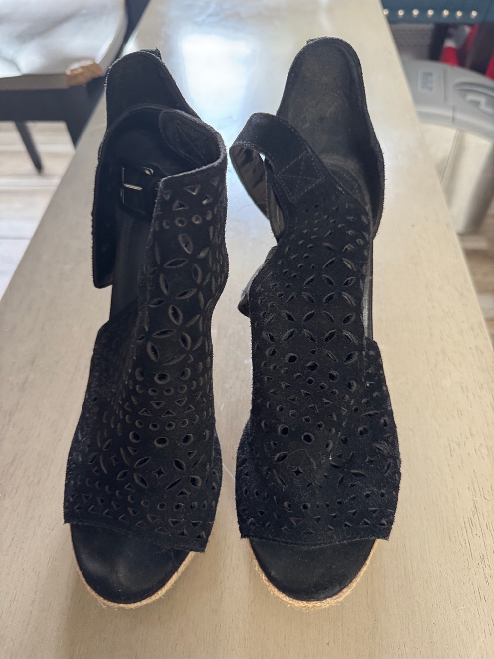 Marc Fisher Black Suede Perforated Open-Toe Wedges